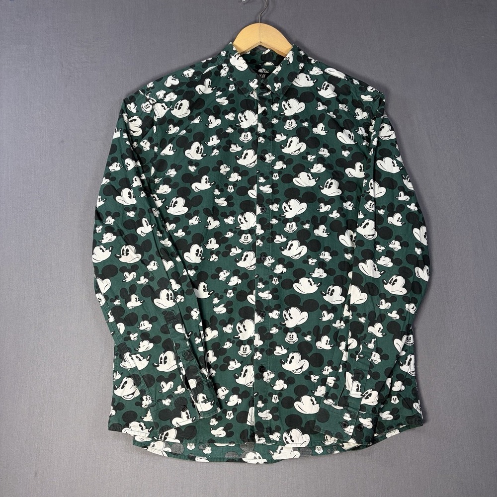 H&M Disney Mickey Mouse Button Up Shirt LS Long Sleeves Size Medium Green